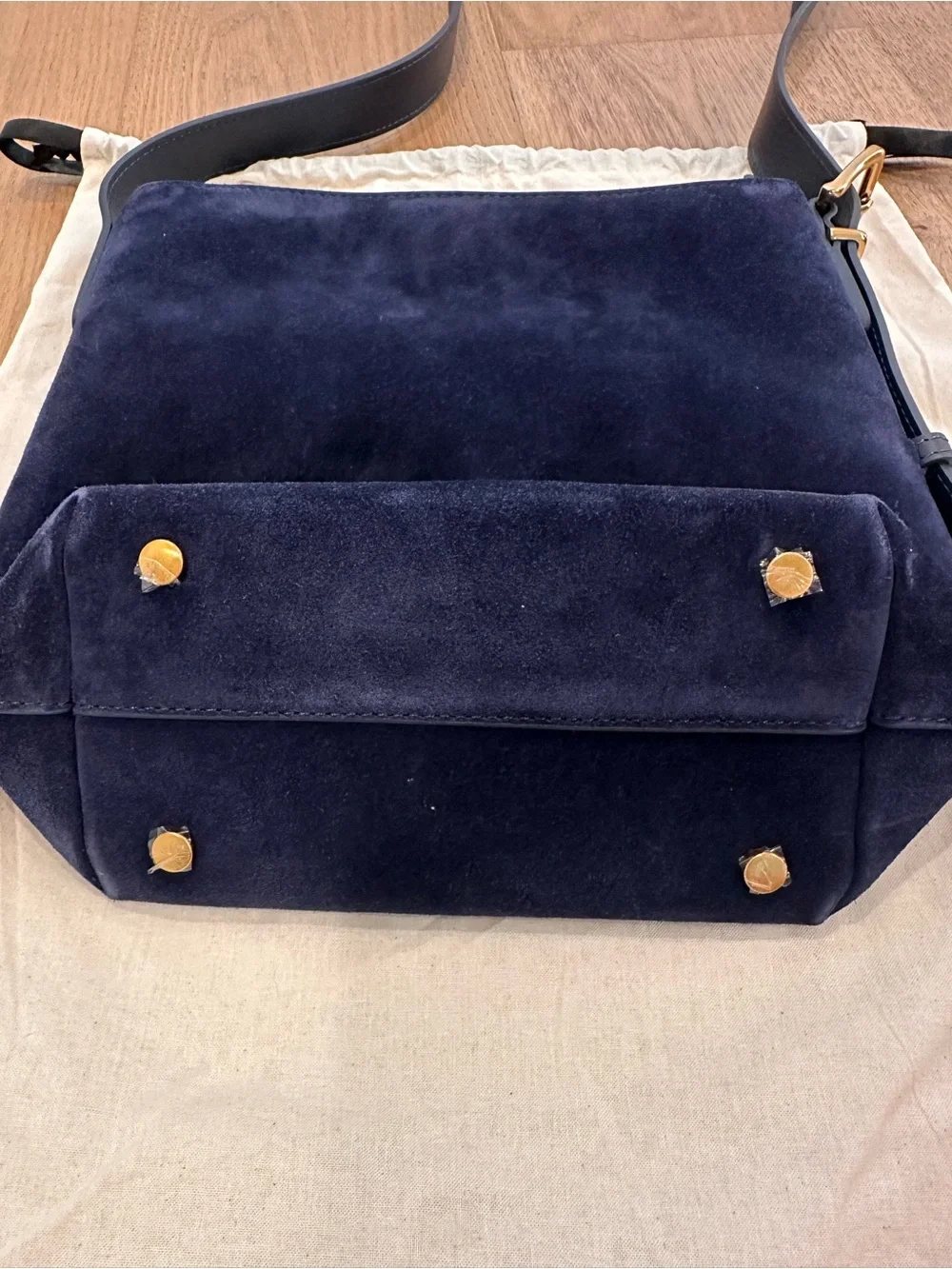 Quince Navy Suede Shoulder Bag with Leather Strap